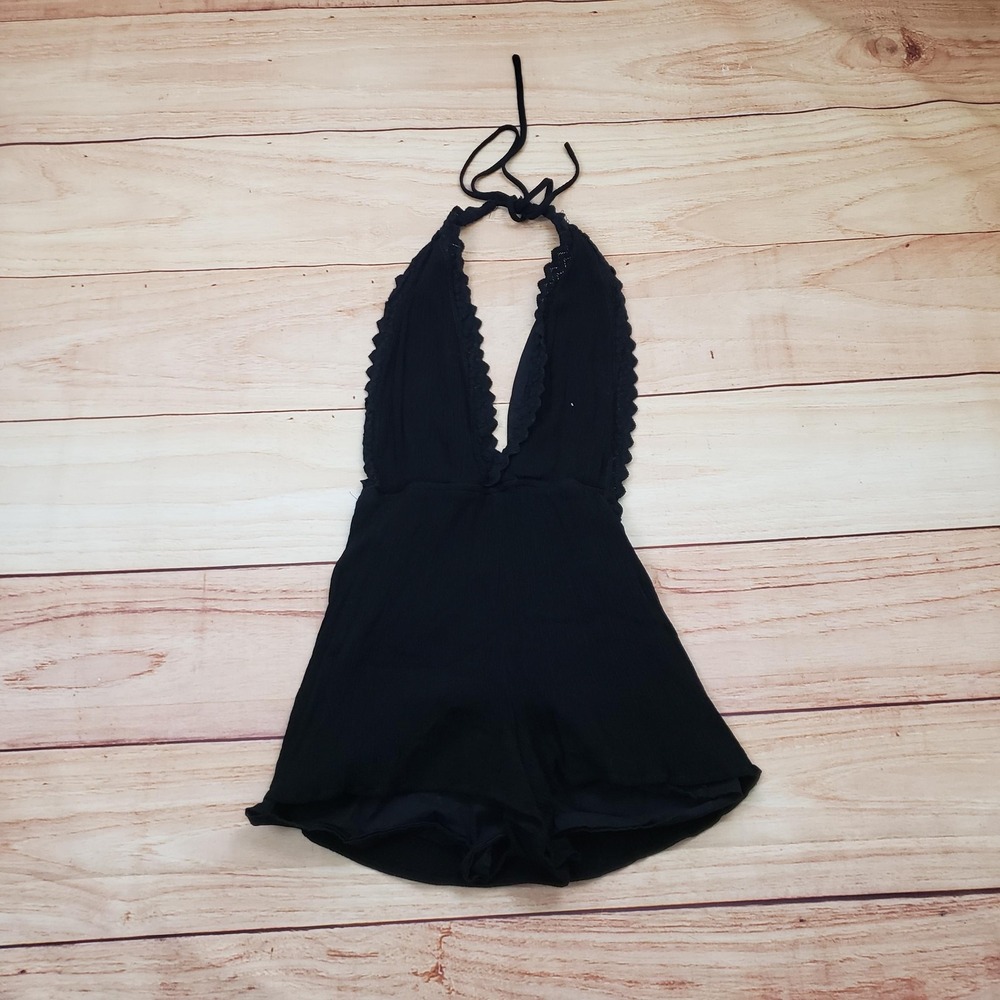 Kendall & Kylie Romper Womens Small Black Halter Deep V Lace Trim Backless‎